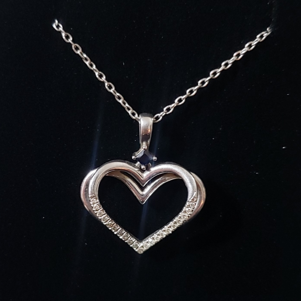 Vera Wang Silver Heart Necklace with Sapphire Gem & Diamond Accent